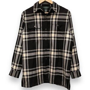 Lauren Ralph Lauren Black Plaid Button Down Shirt Jacket 100% Wool